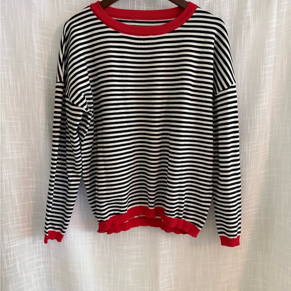 Striped Black and White Sweater with Red Accents- only worn once!